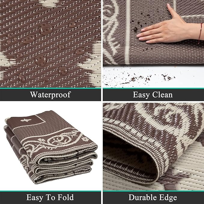Findosom 8'x10' Brown Outdoor Rug Reversible Outdoor Mat RV Outdoor Rug Plastic Straw Area Rug Mat Camping Rugs Waterproof Floor Mat and Rug for RV,Patio,Backyard,Deck,Picnic,Beach,Trailer