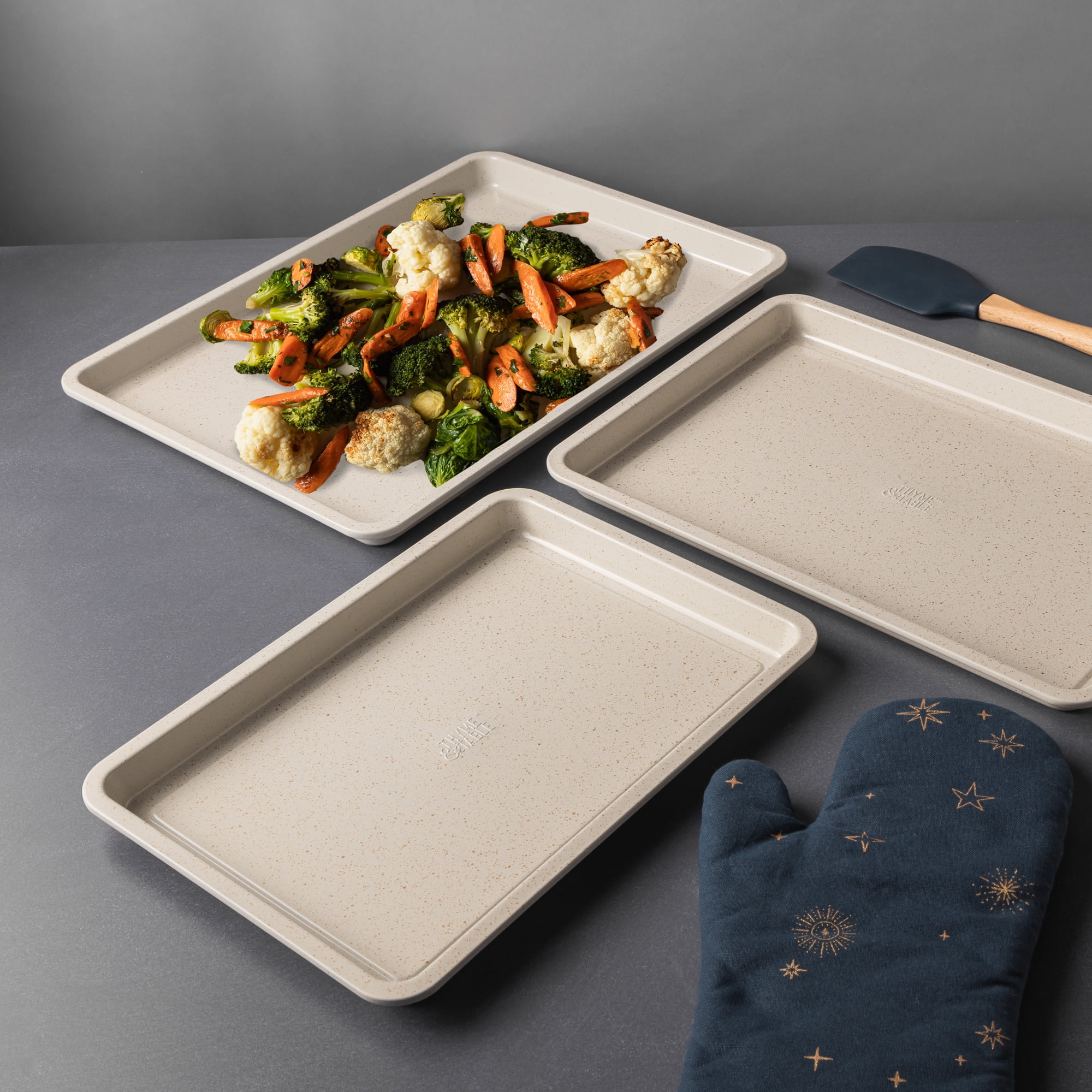 Thyme & Table 3-Piece Non-Stick Rectangle Sheet Pan Set, Cream