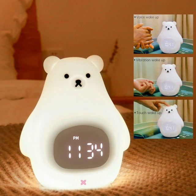 Reloj despertador con luz LED de oso blanco grande | Lámpara de noche infantil de gel de sílice | Función de repetición suave al tacto | Batería recargable | Lámpara de noche para niños | Dormit