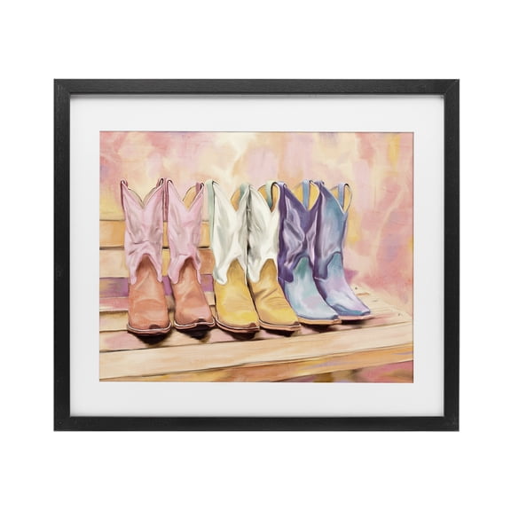 Painted Boots Trio Black Framed Print Under Glass, design by Kim Allen