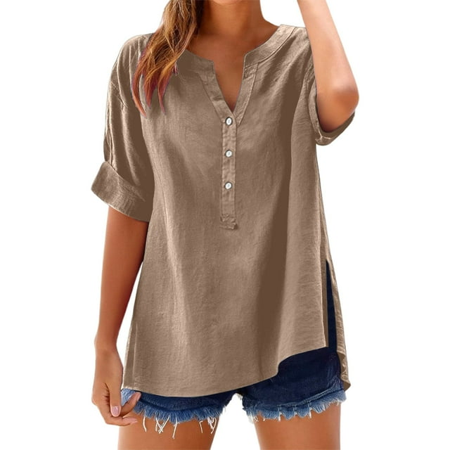 Women's Linen Shirts Summer Button Down V Neck Casual Blouse Spring Fashion Loose Fitting Tunic Tops Work Boho Style