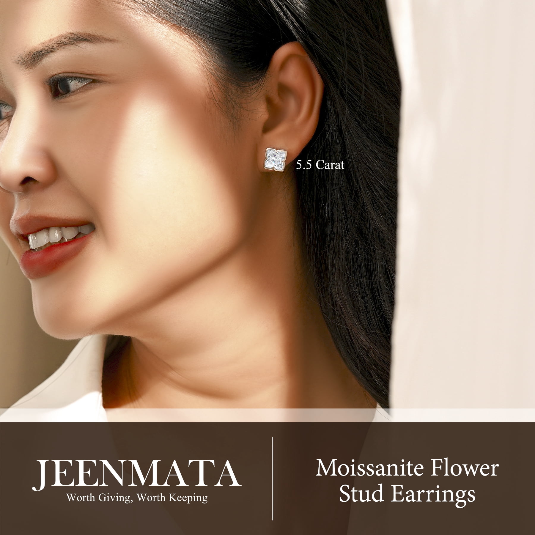 JeenMata 5.5 Carat Moissanite Flower Stud Earrings - 18K White Gold Plating for Women