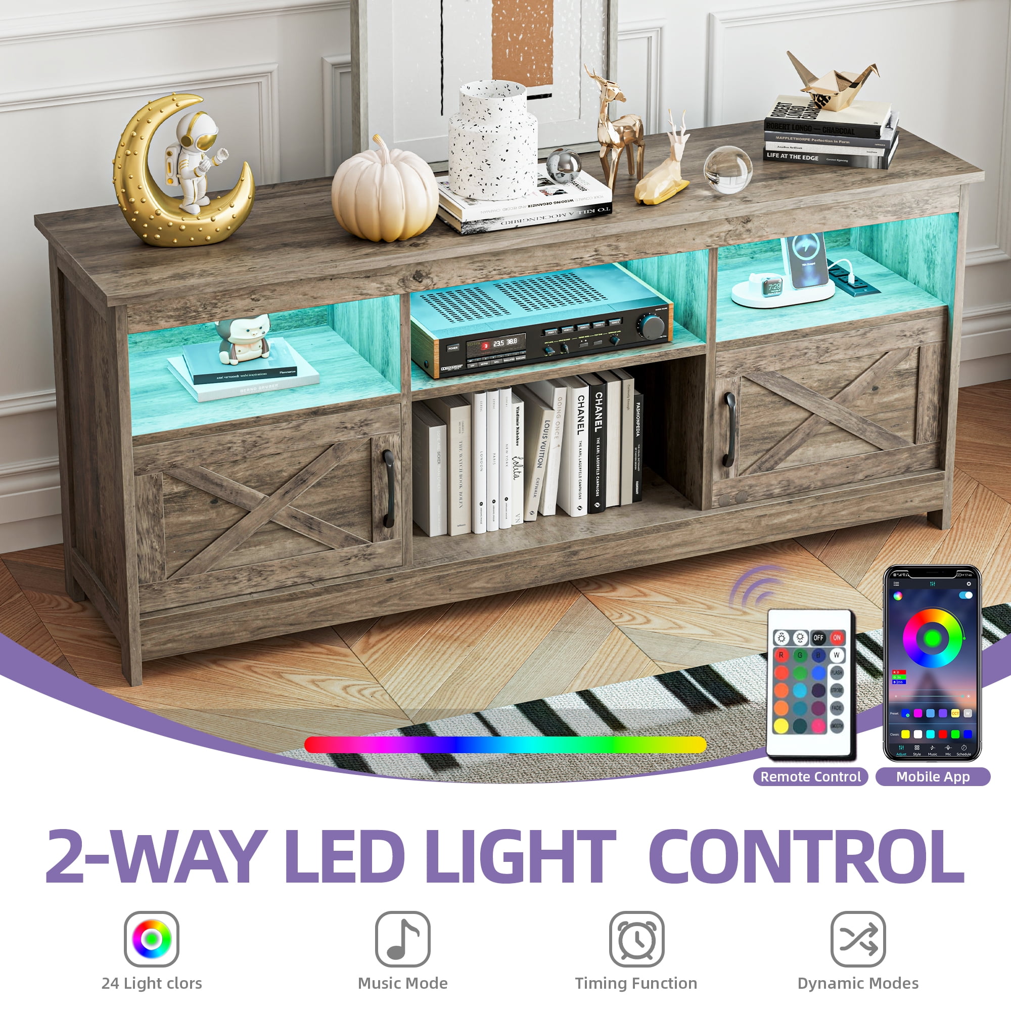 Uforic Farmhouse-Inspired TV Stand with Power Outlet, LED-Lit Media Console, Simplistic TV Cabinet for Living Room or Bedroom, Rustic Gray, 59 Inch