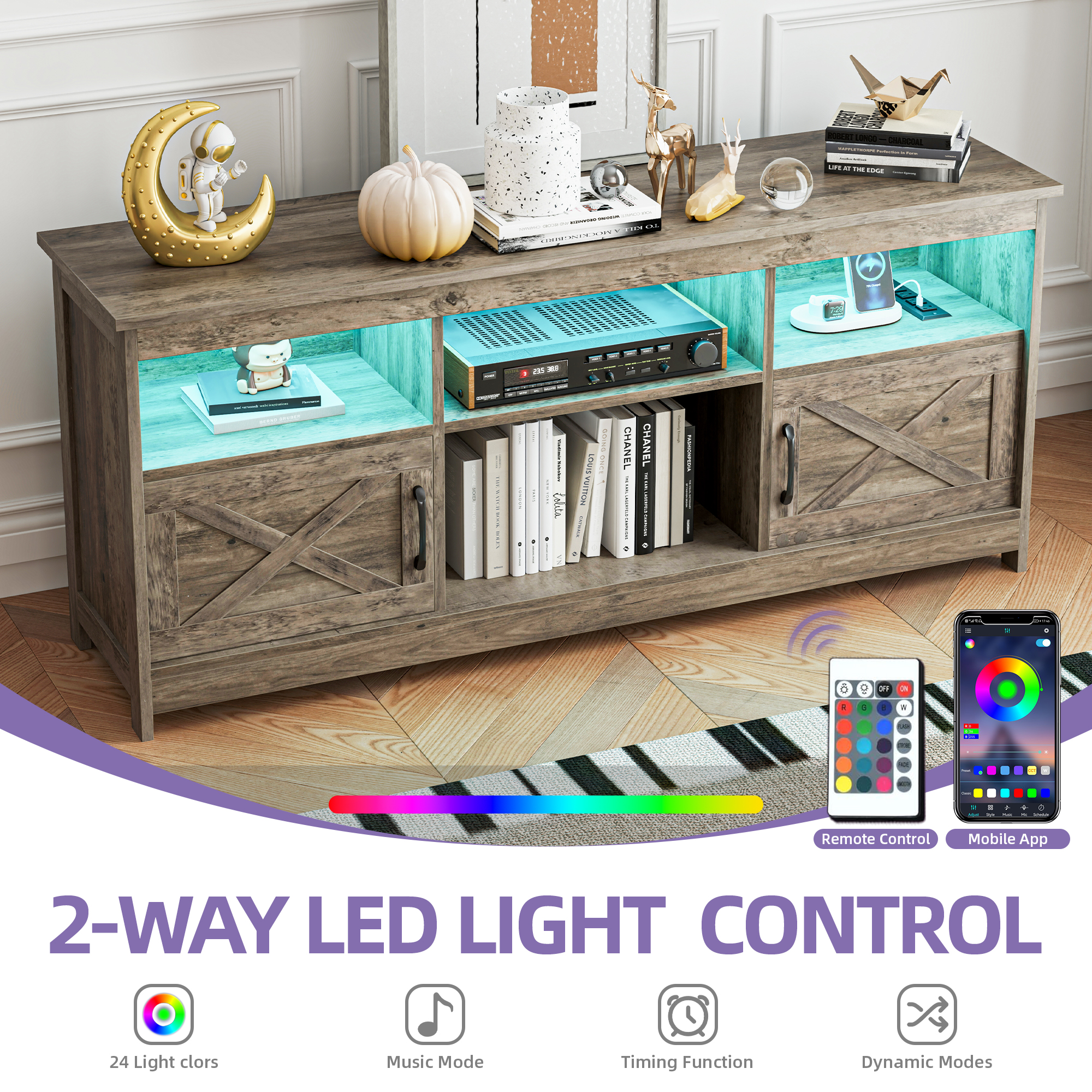 Uforic Farmhouse TV Stand with LED Lights, 59 Inch photo 3