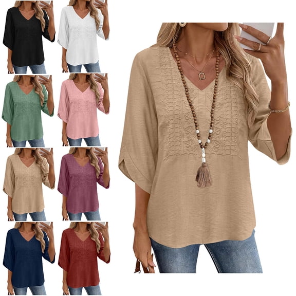 Zysthvn Cotton Linen 3/4 Length Sleeve Womens Tops Fall Casual Women T Shirts Solid Lightweight Loose Fit V Neck Tops