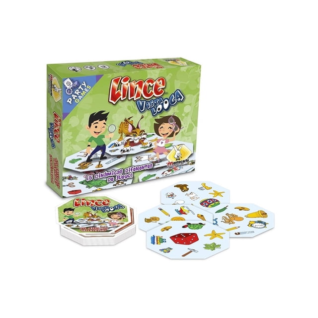 lince vista loca juego mesa montecarlo agilidad visual niños caja verde de Novedades Montecarlo con ilustración de dos niños; tablero hexagonal y fichas blancas desplegadas con dibujos coloridos de objetos y animales para reconocimiento de formas en partidas rápidas y 5 dinámicas distintas.