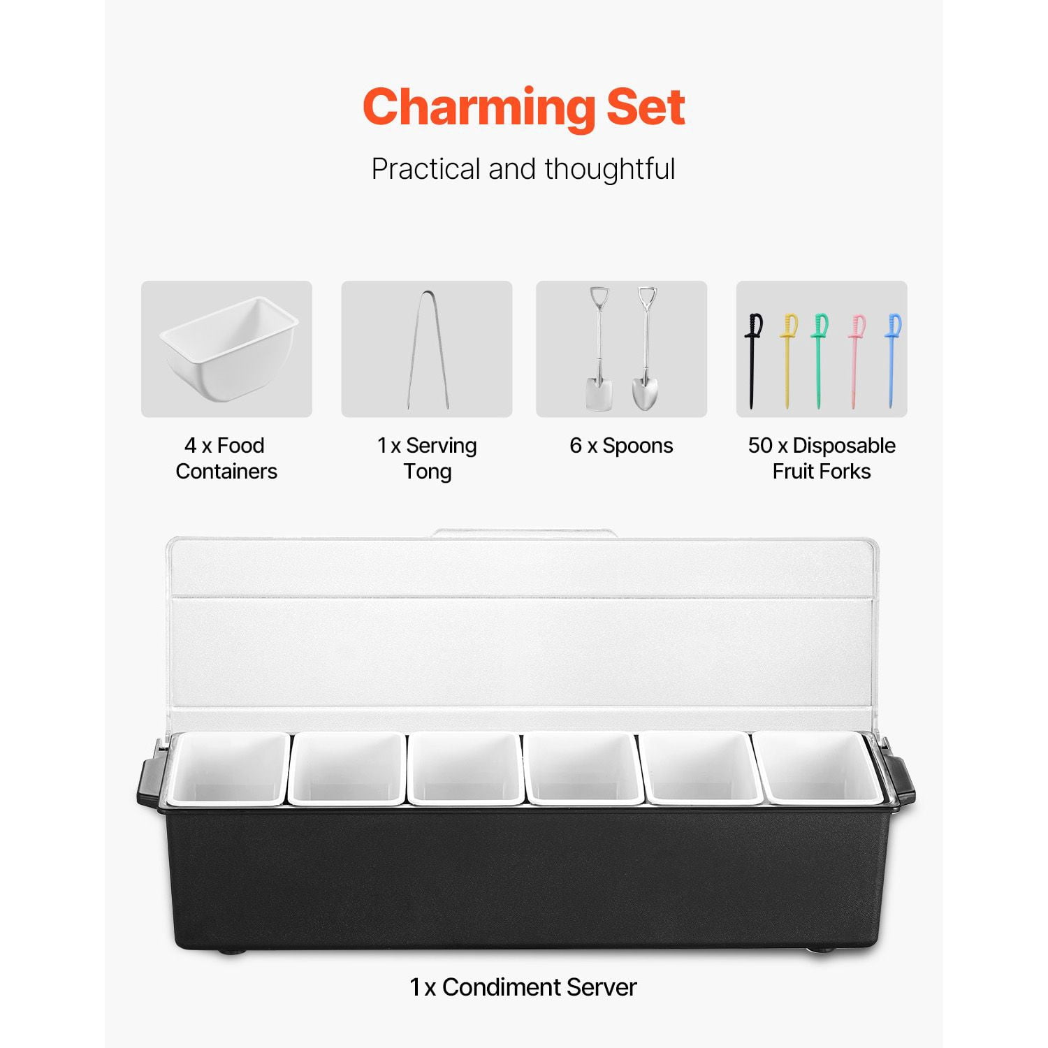 Chilled Condiment Server 6 Compartments Ice Cooled Food-Safe BPA-Free with Lid for Bar Party Camping BBQ