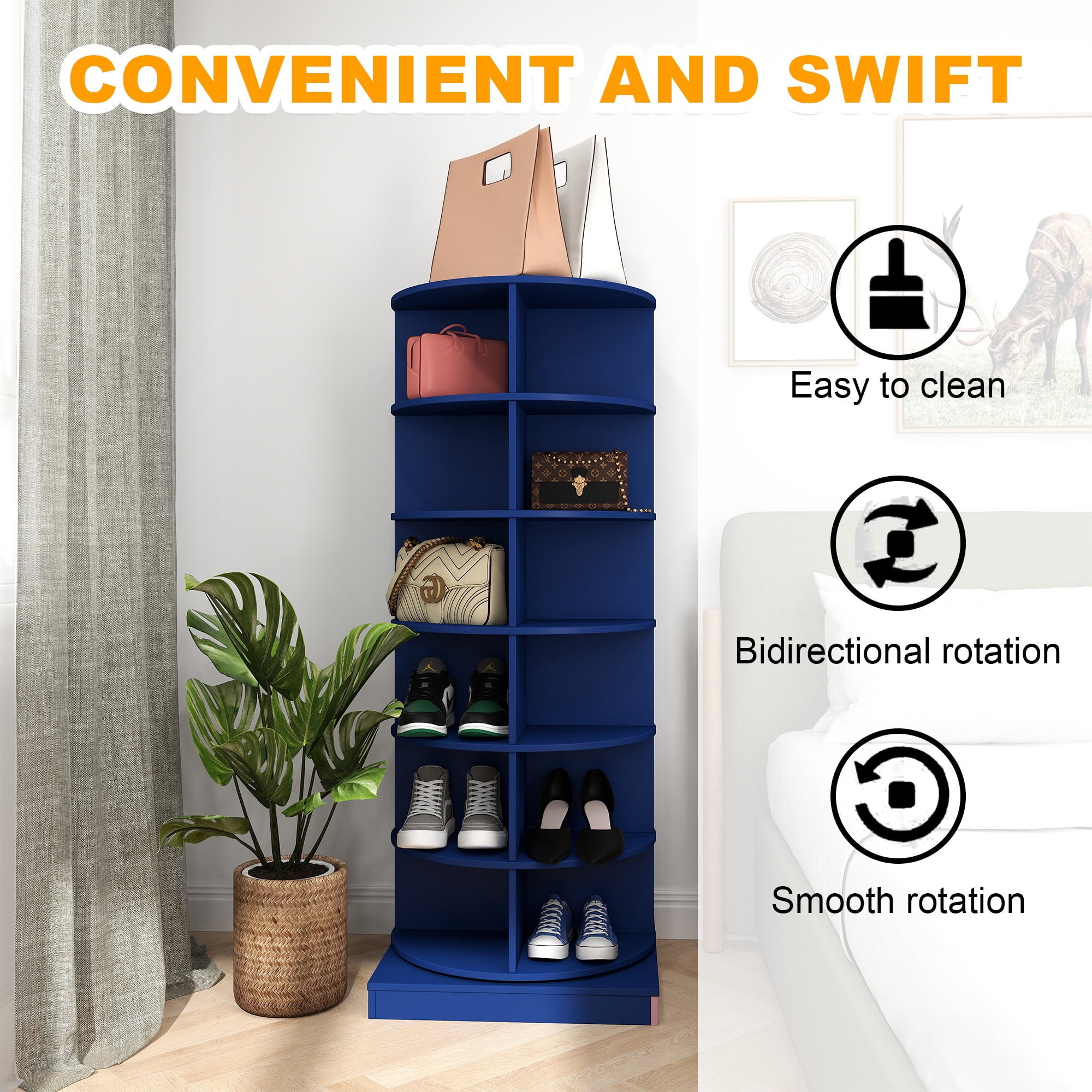 Aukfa 6-Tier Rotating Shoe Rack Storage, 360° Spinning Shoe Organizer Closet, Blue