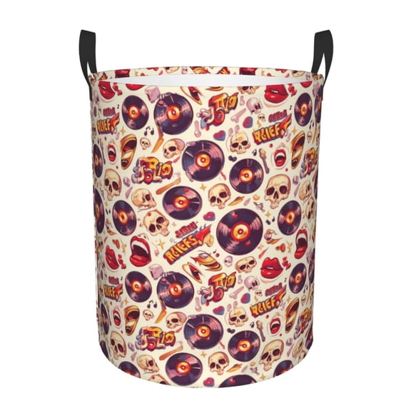 Gukieu rock music Skull record Print Round Dirty Clothes Bag, Waterproof Standing Home Bathroom Storage Basket Car Trunk Storage Bag-Small