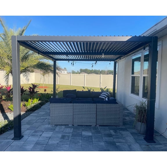 PURPLE LEAF 10 X 12 Louvered Pergola Aluminum Outdoor Adjustable Louvered Roof Integrated Drainage System Patio Kitchen Poolside Garden Grey