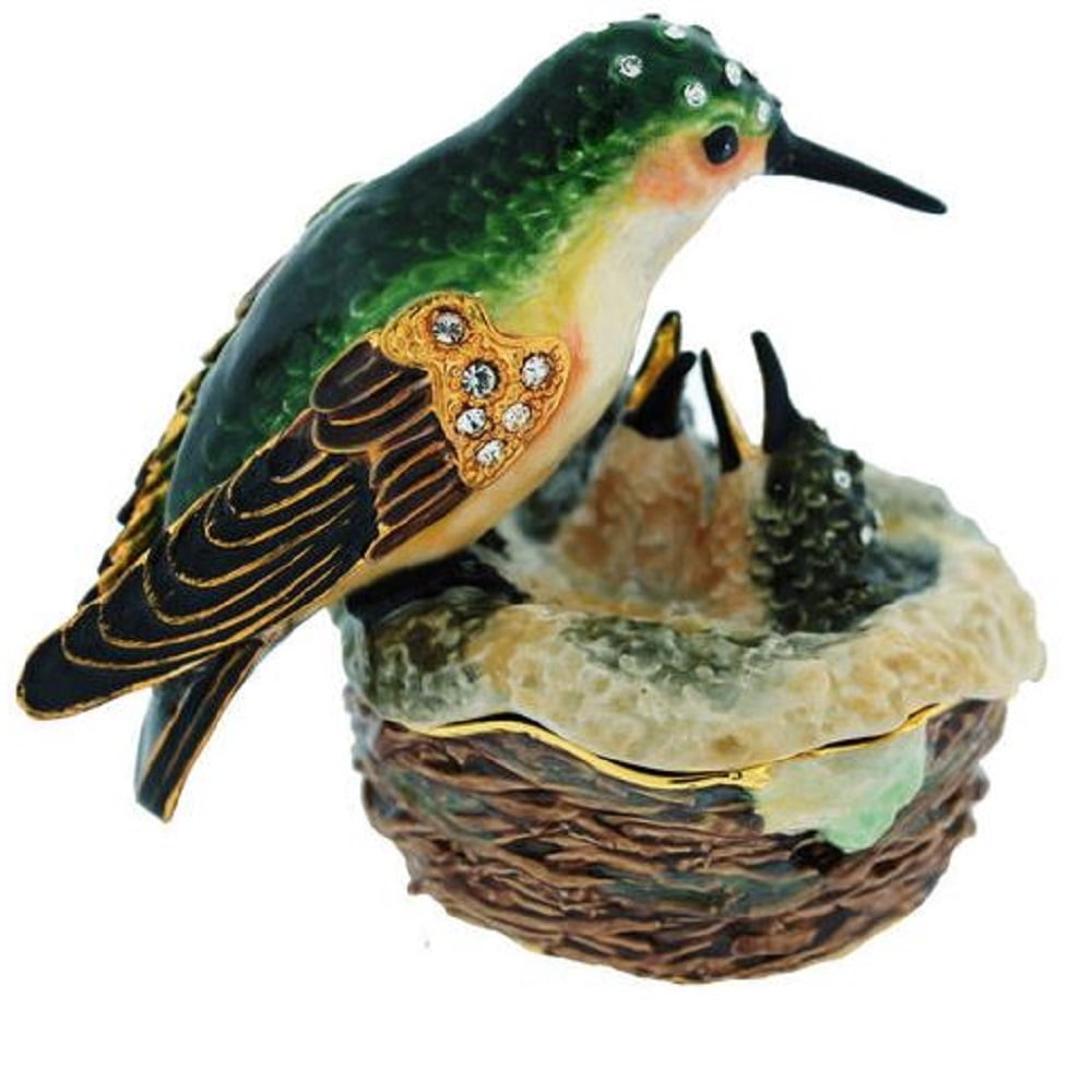 Hummingbird Bird Jewelry Pill Trinket Box with Hinged Lid Enamel Jeweled Crystal