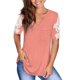 thumbnail image 1 of Blusa de manga corta con costuras de encaje, cuello en V, camisa clásica de color puro, verano para mujer, rosa, S, 1 of 6