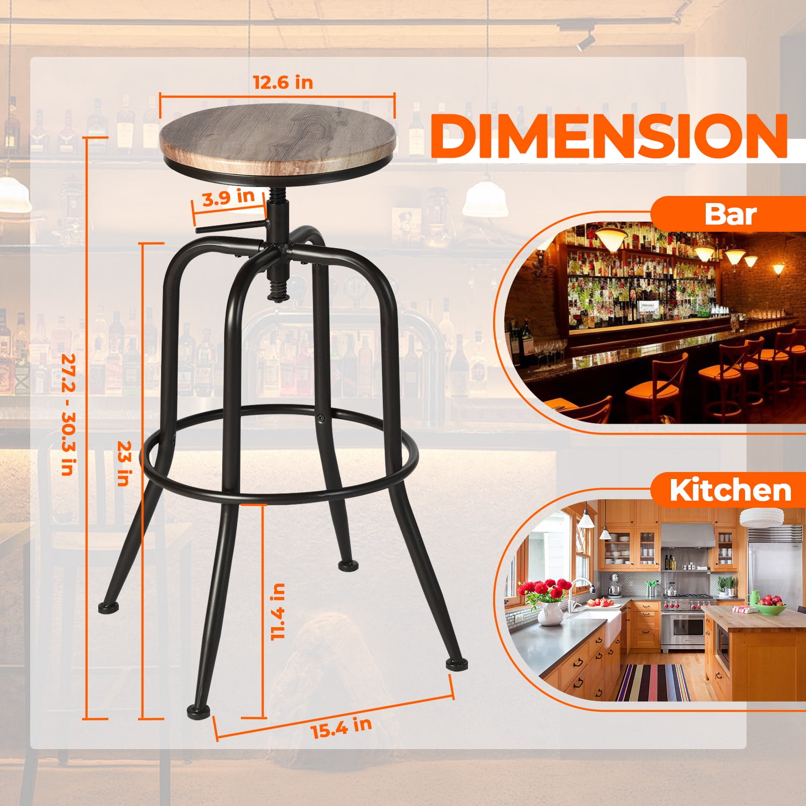 Homy Casa Swivel Bar Stools Set of 2, Adjustable Height Vintage for Home Kitchen Island, Oak