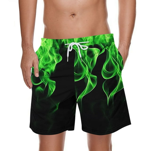 Sentmoon Mens Athletic Shorts Breathable Summer Loose High Waist Running Shorts Drawstring Flame Print Bathing Suit with Pockets 2025 Trendy for Sports Wear Green L