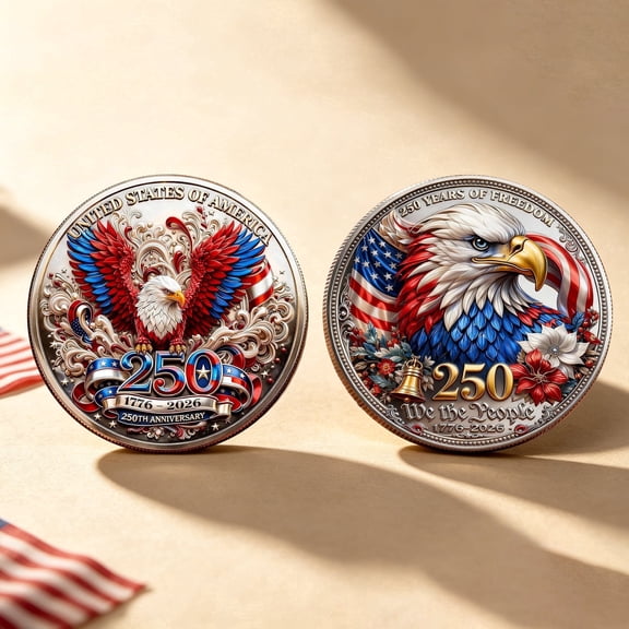 37 Jewelry, 2 Challenge Decoration Coins, 250th Anniversary Double Sided Eagle Badge, USA Patriot, 1.57in Size, Gold