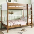 thumbnail image 3 of Hassch Twin Size Rubber Wood Bunk Bed Frame with Fluffy Teddy Fleece Upholstered Headboard & Footboard, Safety Guardrail, Built-in Ladder, 10.2"H Underbed Storage Space (Natural), 3 of 9