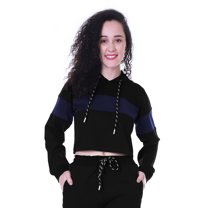 Moomaya Color Block Crop Hoodie Drawstring Pullover Casual Sports Jacket For Women-9