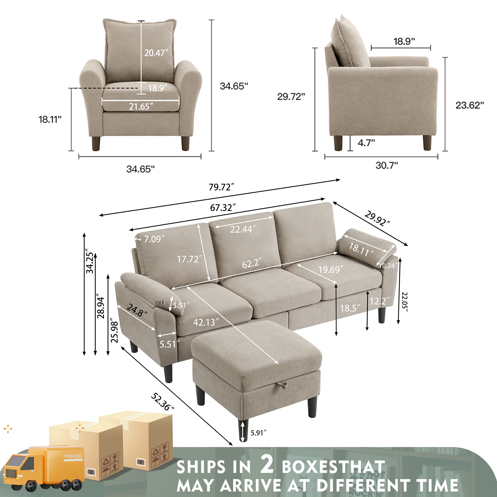 79" Convertible Sectional Sofa Set, Small L Shaped 3-Seat Couch with Reversible Chaise and Accent Chair, Modern Linen Sofas Couches for Living Room, Beige