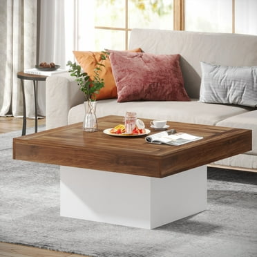 1Easylife Farmhouse Square LED Coffee Table Engineered Wood Coffee Table for Living Room Tan