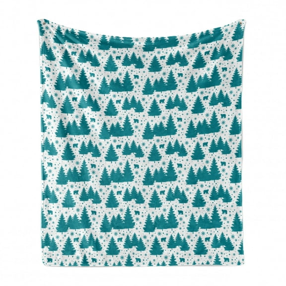Christmas Soft Flannel Fleece Blanket, Monochrome Winter Season Pine Trees Bears Snowflakes Noel Yule Theme, Cozy Plush for Indoor and Outdoor Use, 70" x 90", Petrol Blue and White, by Ambesonne