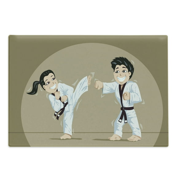 Karate Cutting Board, Children Perform Karate Martial Arts Sports Cartoon, Decorative Tempered Glass Cutting and Serving Board, in 3 Sizes, by Ambesonne
