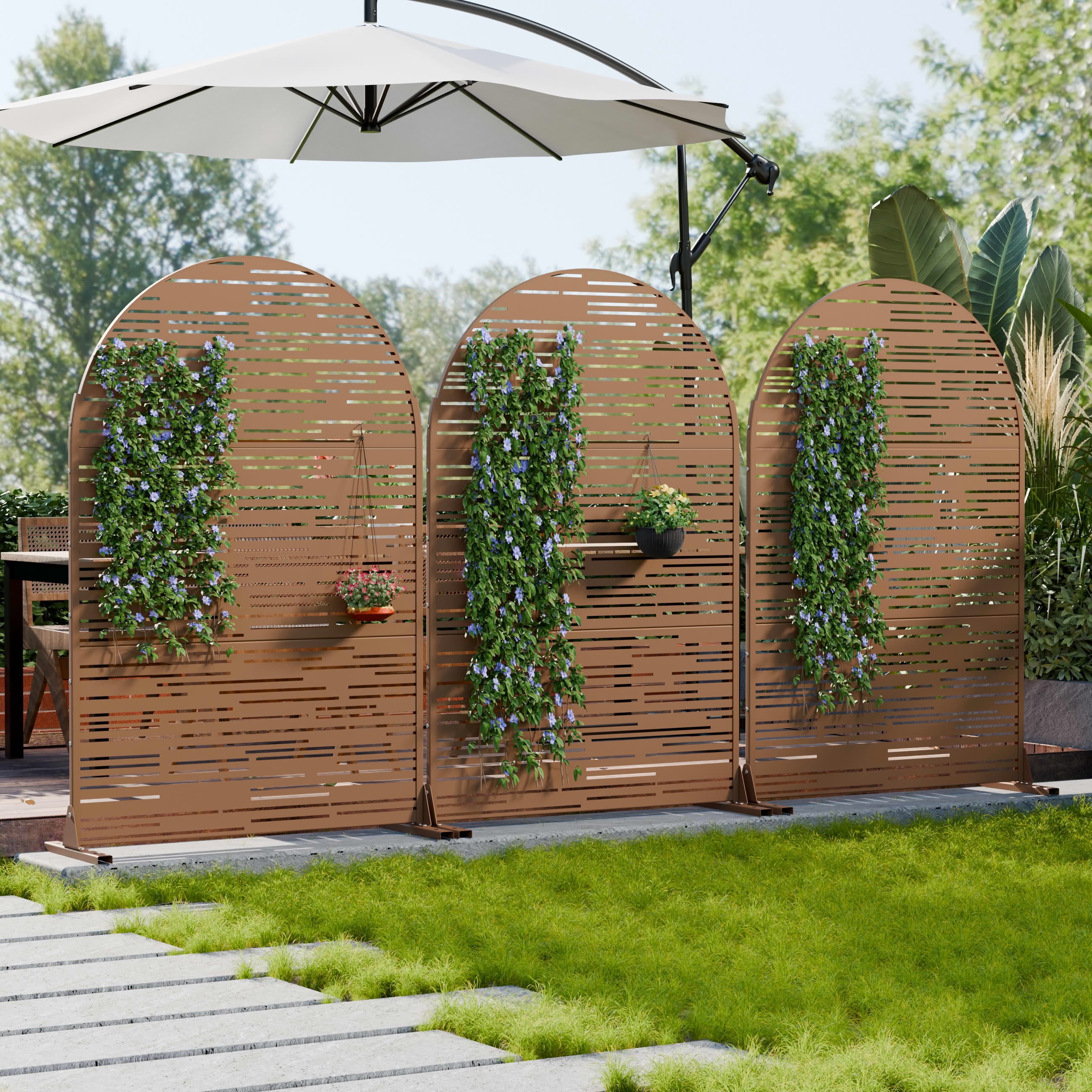 MAYEERTY Outdoor Metal Privacy Screen 6ft × 4ft Brown, 3-Panel Light & Shadow Pattern, Rust-Resistant for Garden