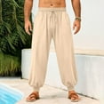 thumbnail image 3 of Havenre Mens Harem Pants Casual Drawstring Elastic Waist Comfy Baggy Hippie Trousers Loose Fit Soft Cotton Linen Boho Yoga Beach Pants with Pockets Beige XXXL, 3 of 10