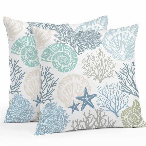 Boanket Outdoor Pillow Covers 24 x 24 Inches, Coastal Blue Waterproof Throw Pillow Cover Set of 2, Ocean Coral Starfish Shell Modern Sea Decorative Square Cushion Covers for Patio/Tent/Couch/Garden