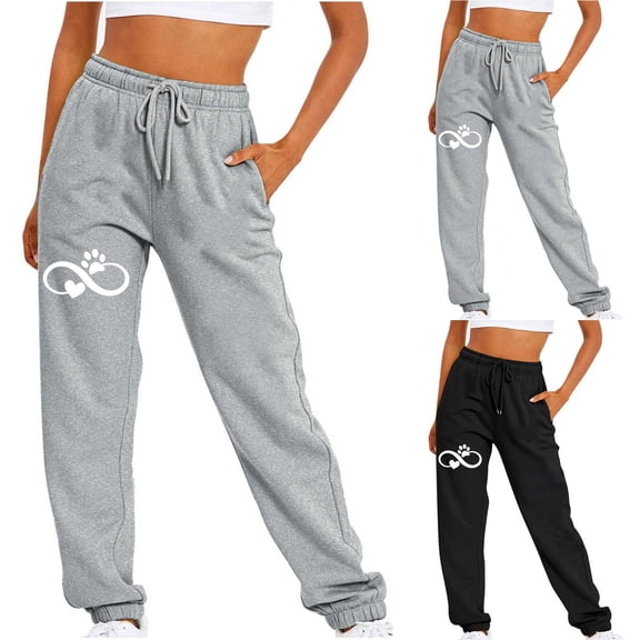 Lovzfmll Jogger Pants for Women, Dog Paw Print Casual Drawstring with Pocket, Loose Ankle Length Joggers Gray, S