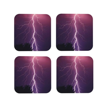 

Leather Coasters Set of 4 - Thunderstorm Violet Purple Lightweight Non-Slip Drink Coasters for Desk Anti-Scalding Desk Cup Coasters for Office Table Decor Square