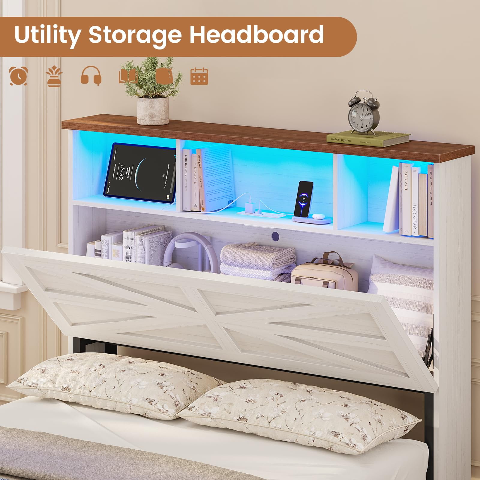 Twin Bed Frames with 5 Drawers, Farmhouse Bed Frame with Barn Door Headboard and Storage, Wood Platform Bed Frame Twin Size with Charging Station and LED Lights, No Box Spring Needed, White