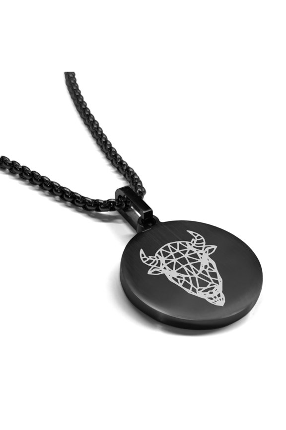 Stainless Steel Geometric Polygon Bison Animal Round Medallion Pendant Necklace
