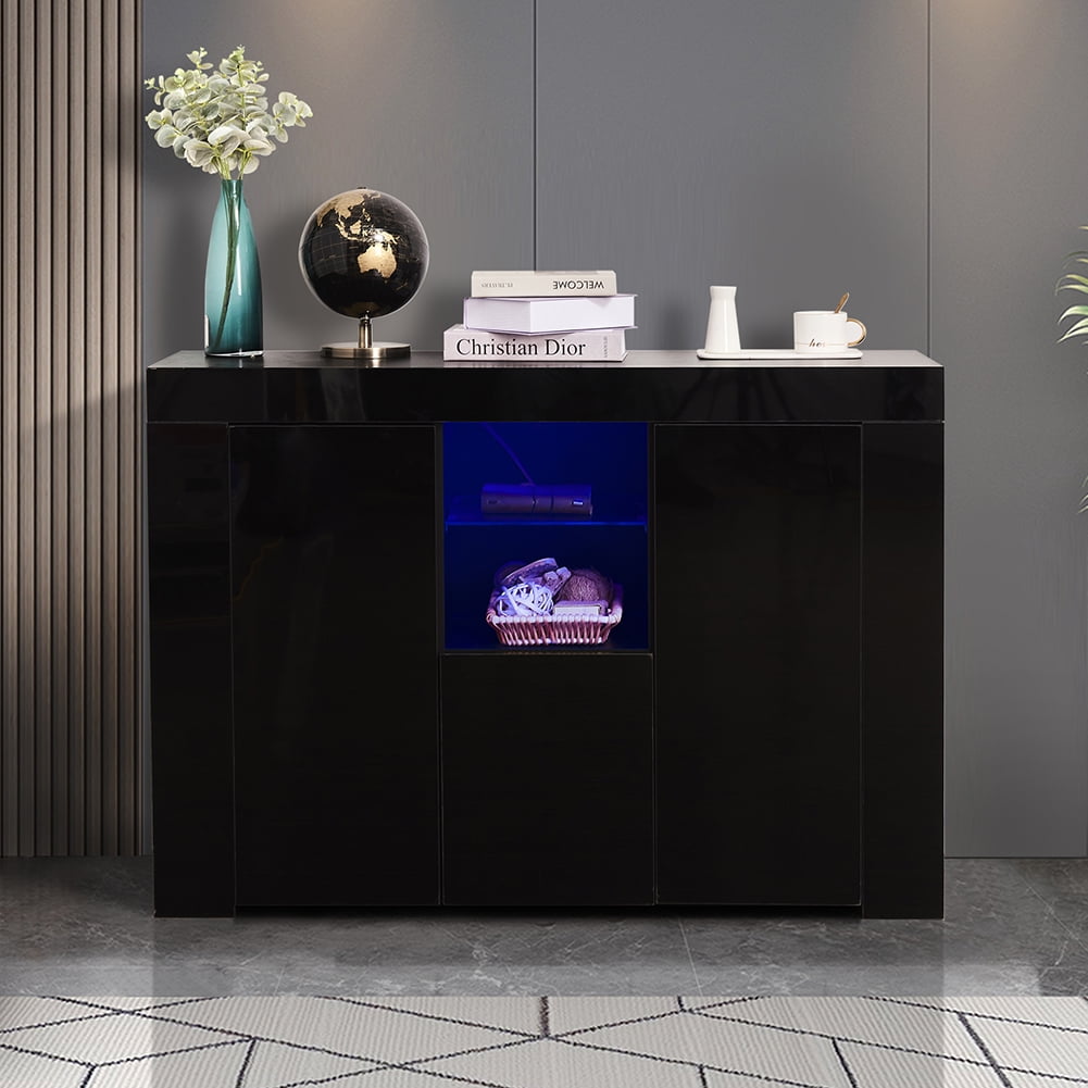 Kadyn Kitchen Sideboard Cupboard, Accent Storage Cabinet with LED Light, High Gloss Buffet Storage Cabinet with Drawer and 2 Doors, Balck Kadyn Kitchen Sideboard Cupboard, Accent Storage Cabinet with LED Light, High Gloss Buffet Storage Cabinet with Drawer and 2 Doors, Balck