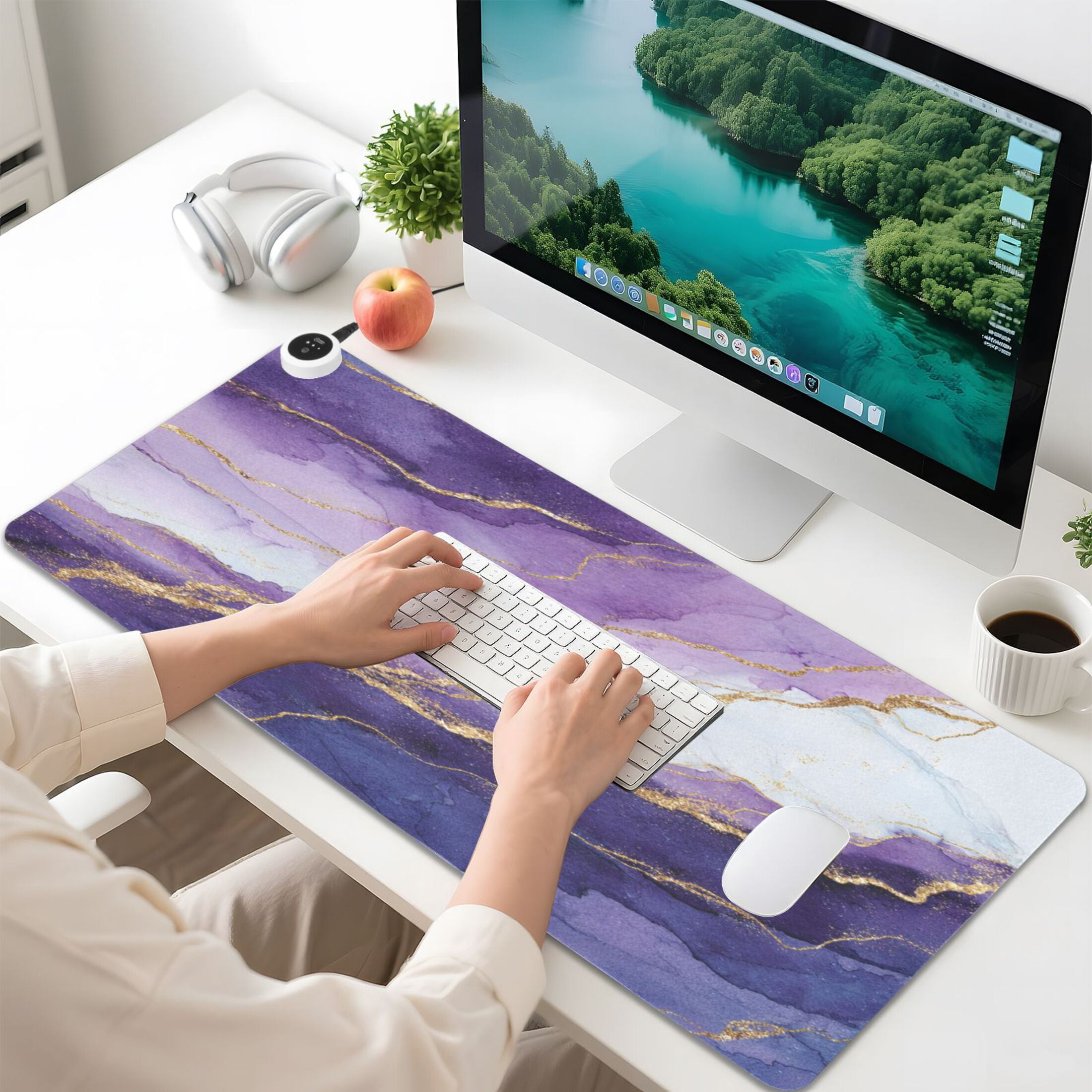 Large Heated Desk Mat Mouse Pad 31.5"x13"PU Leather Graphene Heating Desk Warmer with 3 Temperature Settings 110V US Plug Non-Slip Warm Pad for Home, Office, and Gaming Abstract Dark Purple Marble