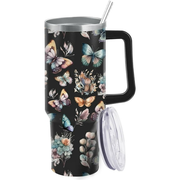 Butterfly 40oz Tumbler With Handle Gifts For Fathers Coffee Tumbler With Lid And Straw For College