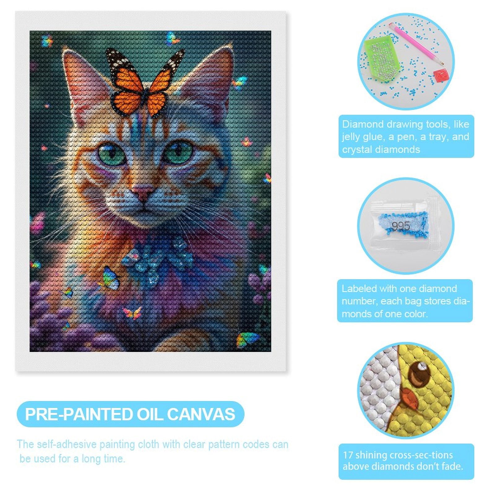Diamond Art Kits for Adults - Cat Butterfly Gem Pastel Nature 5d Diamond Painting for Adults, Diamond Art for Adults Beginners, Frameless Diamond Painting Kits for Adults for Home Wall Decor
