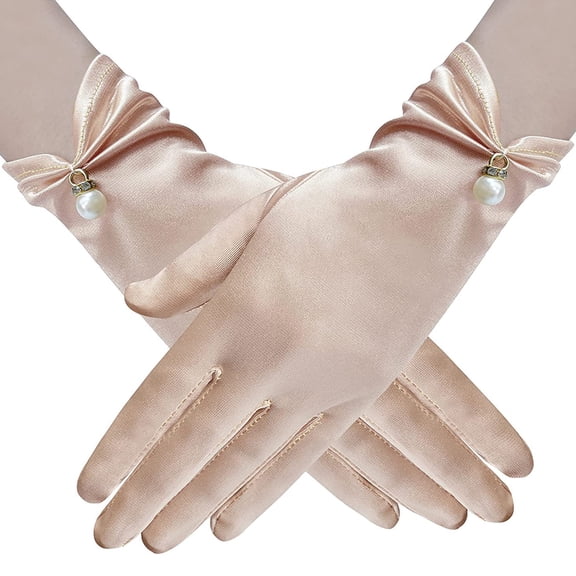 RUISINERY Satins Gloves Evening Gown Gloves with Pearls Decors Wedding Bride Gloves for Formal Occasion Stage Props Hand Gloves