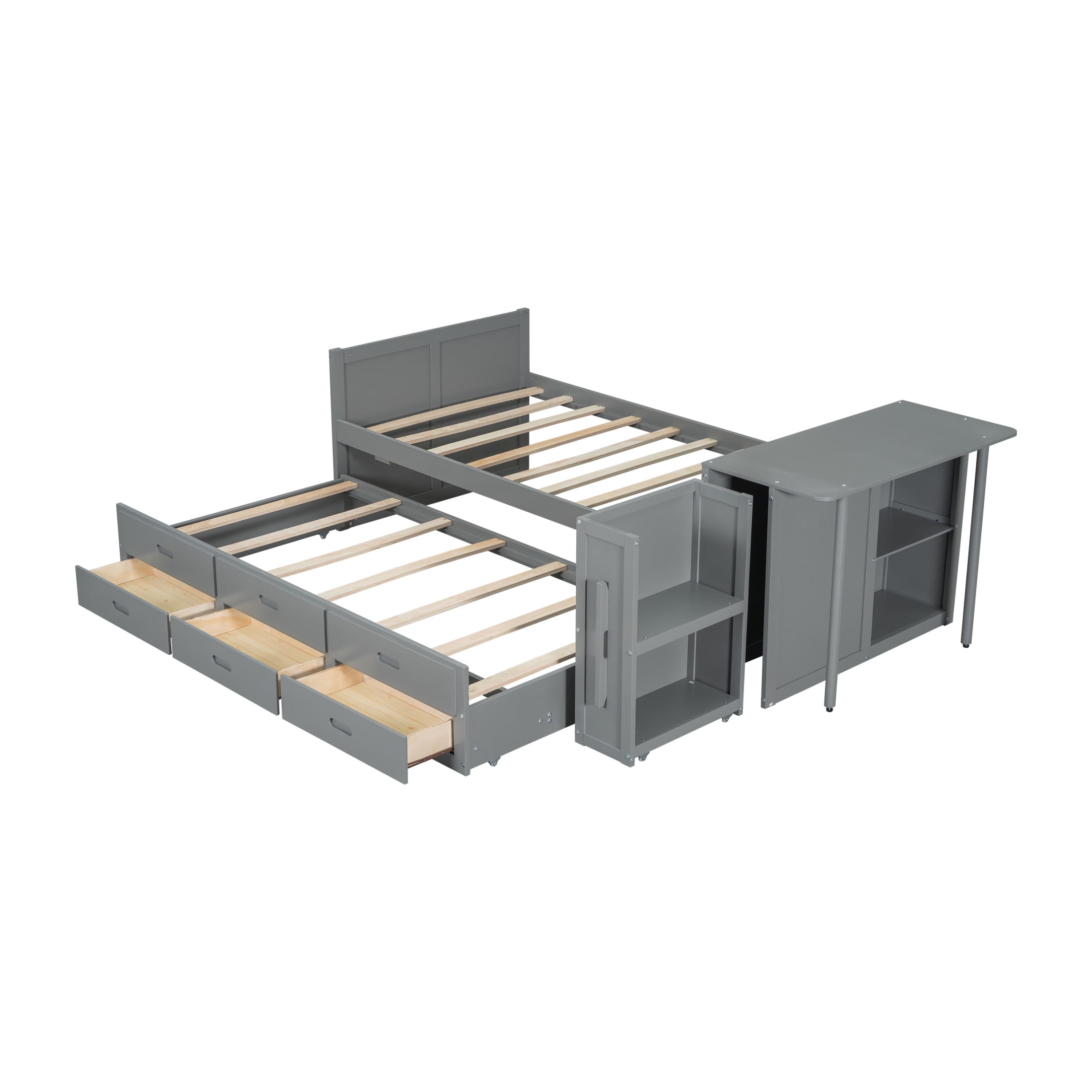 Noble House Twin Size Multifunctional Platform Bed with Trundle, 3 Drawers, Desk and Storage Shelf, Gray