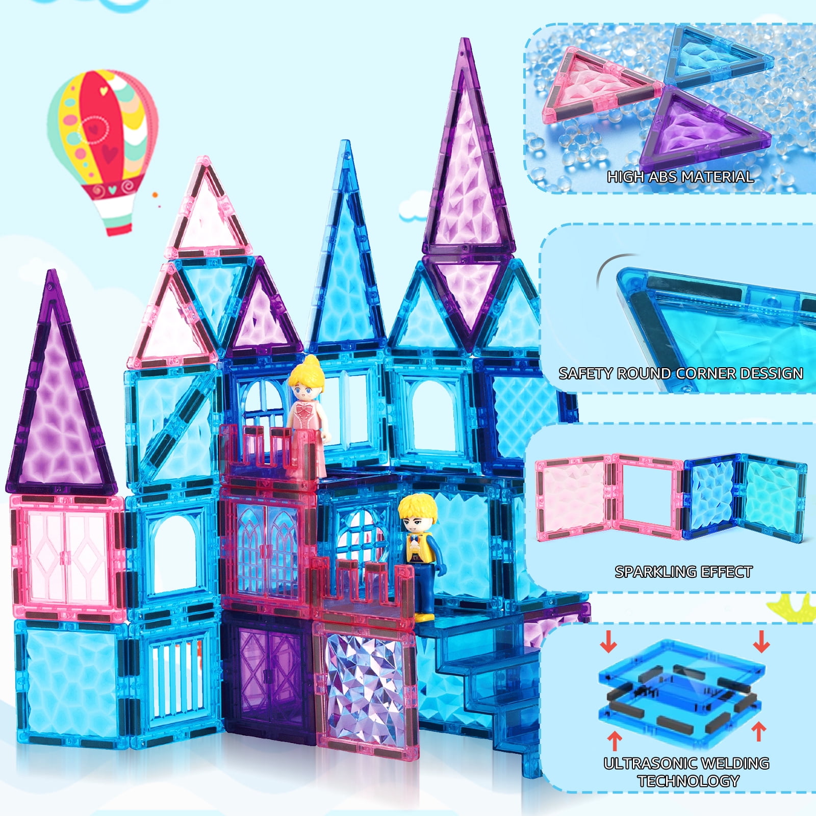 FunMagic Magnetic Tiles, Shining Sparkle Magnetic Toys for Girls 3D Diamond Magnetic Building Blocks with 2 Dolls, STEM Sensory Educational Toys for Toddlers Kids