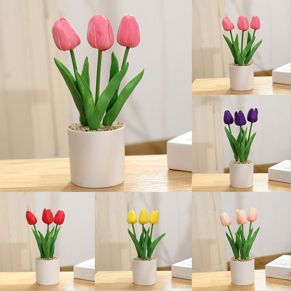 Artificial Flowers Tulip Potted Fake Plants Tree In Pot Home Wedding Party Decor