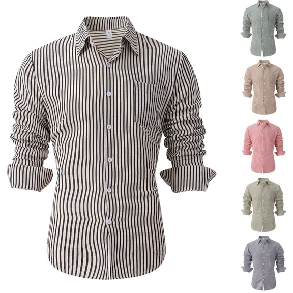 Hinvhai Men's Casual Striped Shirts Button Down Long Sleeve Blouse for Men Fall Winter White XL(XL)