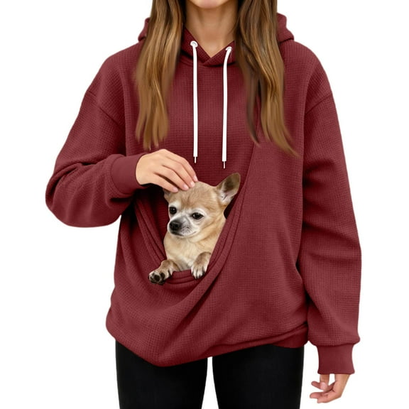 Stralyhd Pet Pouch Hoodie for Women Oversized Dog Pouch Sweatshirts Waffle Warm Pet Carrier Hoodie Long Sleeve Small Animal Carrier Pullover Wine L