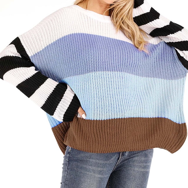 IROINID Chandail à Col Rond pour Femmes Rayures Ample Mi-Longueur Manches Longues Hauts Assortis Chandail Tricoté