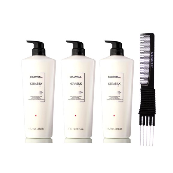 Goldwell Kerasilk Revitalize Nourishing Shampoo (33.8 oz) with SLEEKSHOP Teasing Comb Pack of 3
