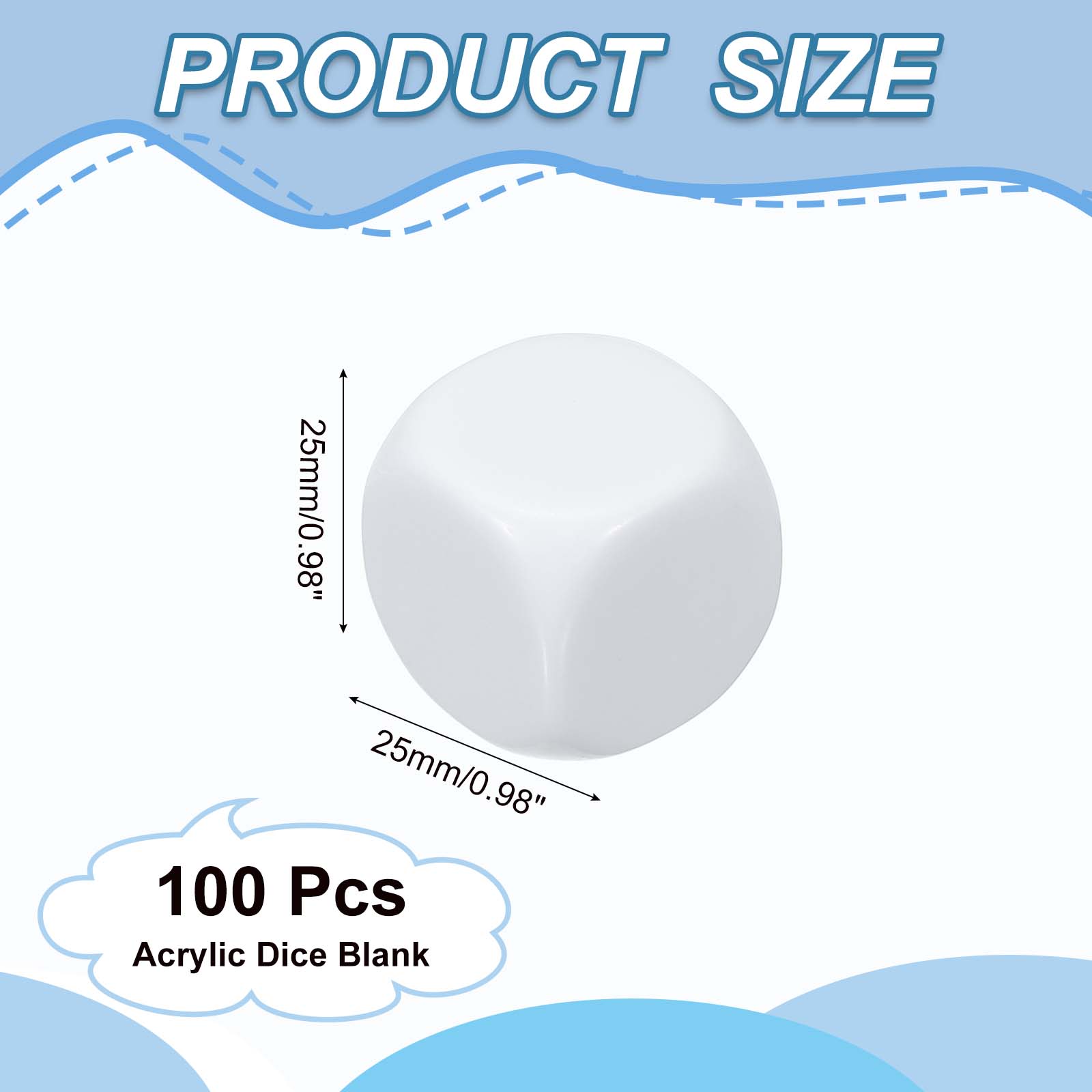 25 mm Acrylic Dice Blank, 100 Pcs Rounded Corner Blank Dice with Smoothed Surface Six Sided for Board, White