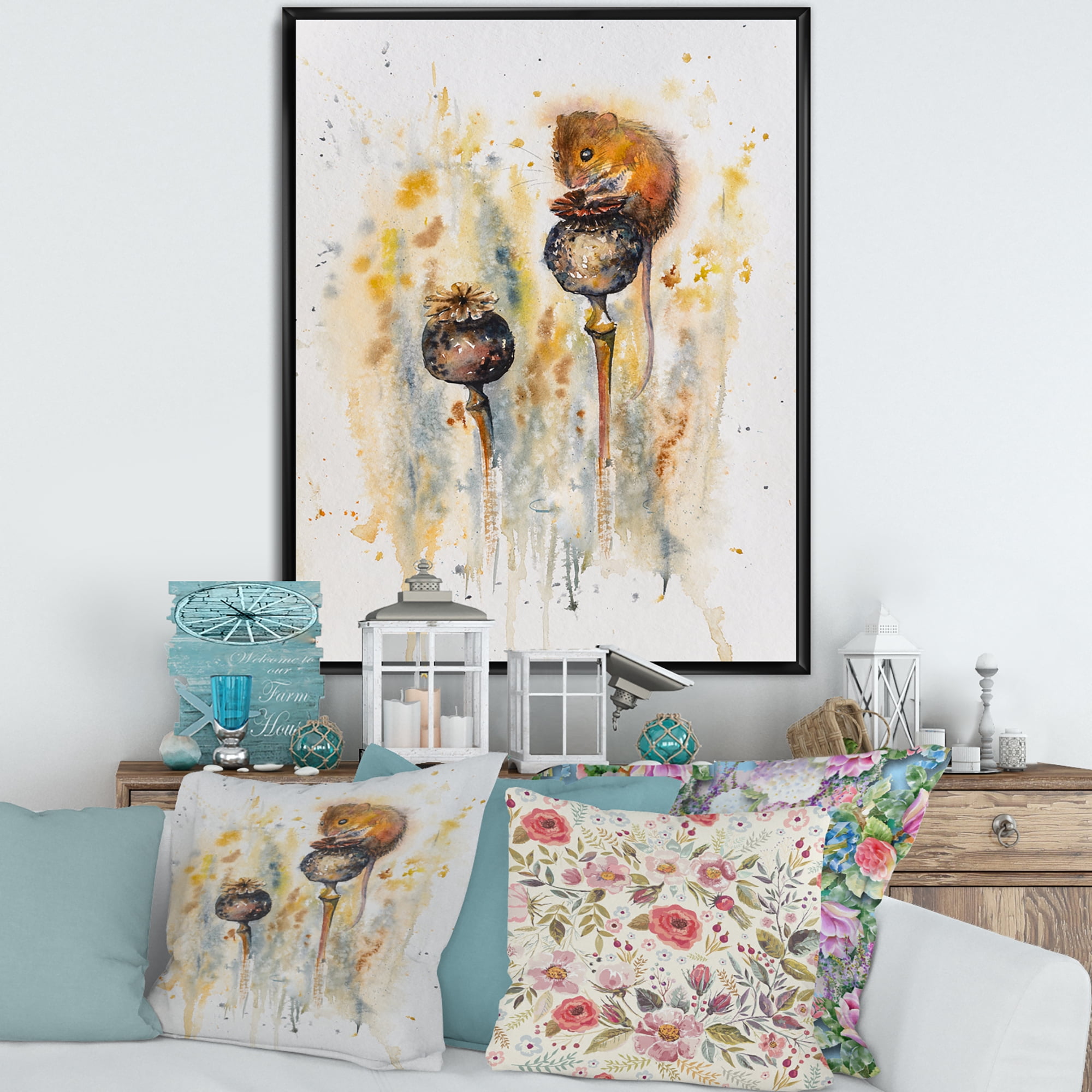 Designart 'Little Mouse Sitting On Poppies' Traditional Framed Canvas Wall Art Print