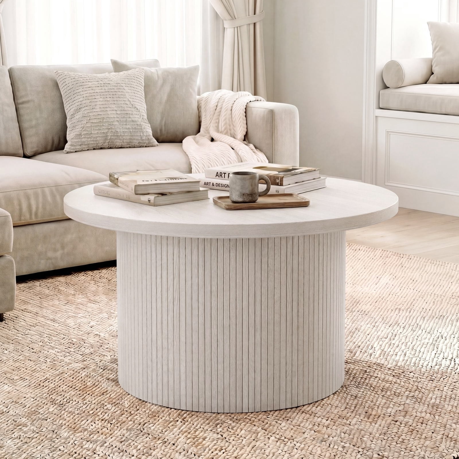 ROGALIS 31.5" Round Tambour Design Coffee Tables for Living Room, Mid Century Modern Wood Coffee Tablewith Spacious Tabletop, Art Deco Sturdy Circle Coffee Table,Natural White