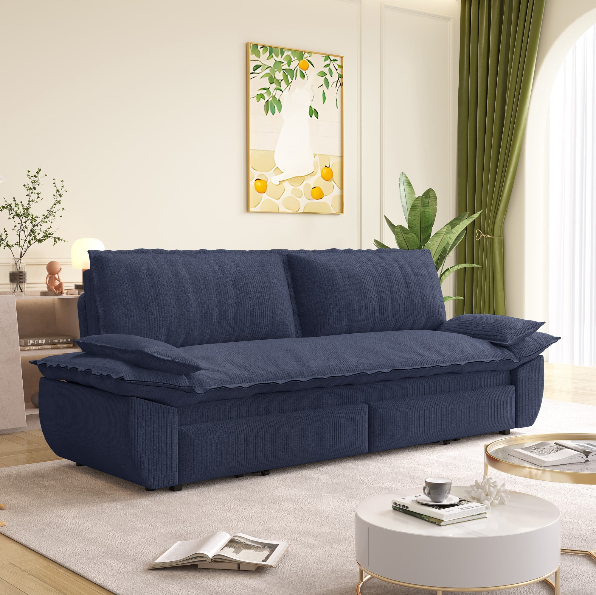 LLappuil 73" Pull Out Sofa Bed Queen Size, Corduroy Loveseat Sofa Couch Convertible Sofa Bed for Living Room Blue