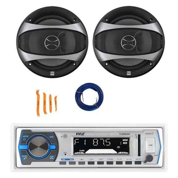 Pyle PLMRB29W Single DIN Bluetooth Marine MP3 Stereo Receiver, 2x 6.5" 100 Watt Max Power 2-Way Car Audio Speakers with Wire, Dash Removal Tool