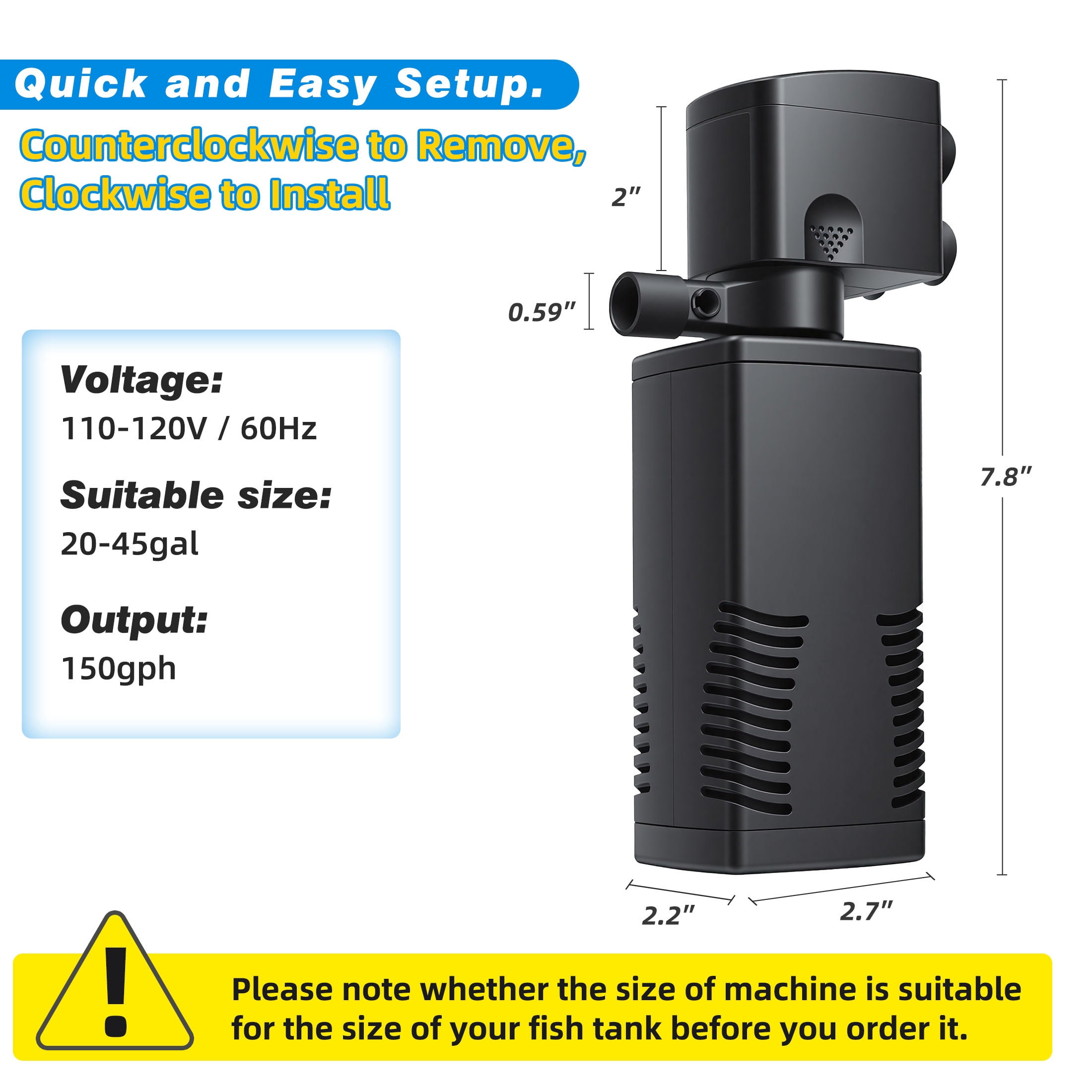 TARARIUM Fish Tank Filter for 15-40 Gallon Tank, 160 GPH Crystal Clear Powerful Internal Aquarium Filters Submersible Pump& Filter System for Fish Tank & Turtle Tank